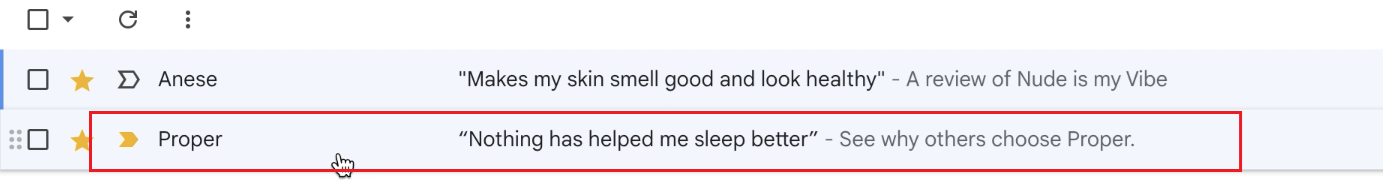 Gmail inbox with Proper subject line quoting a customer, Nothing has helped me sleep better