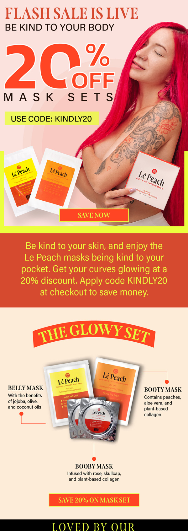 LePeach flash sale email with 20% off mask sets