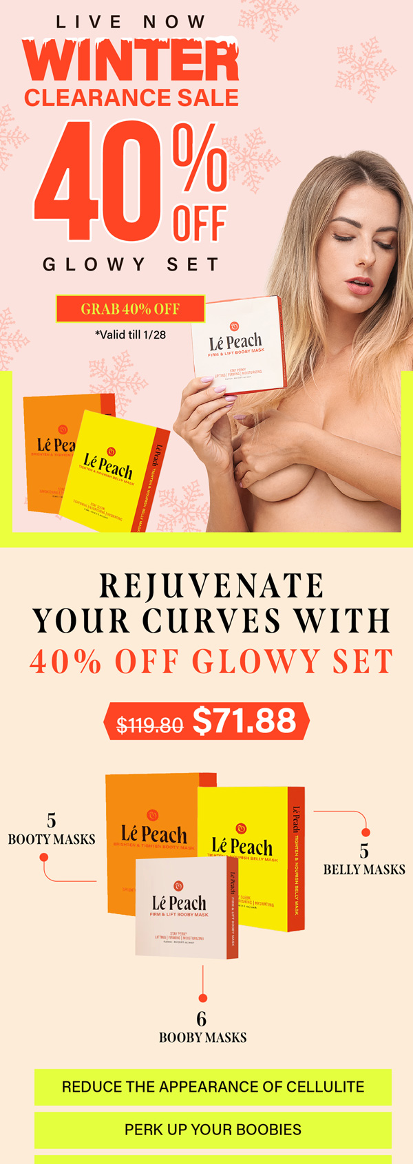 LePeach winter clearance email with 40% off the Glowy Set