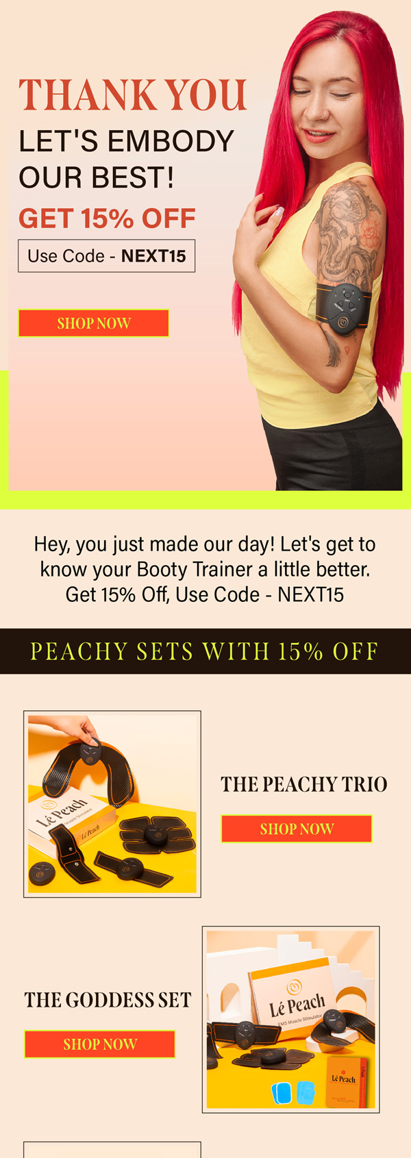 LePeach thank you email with 15% off code