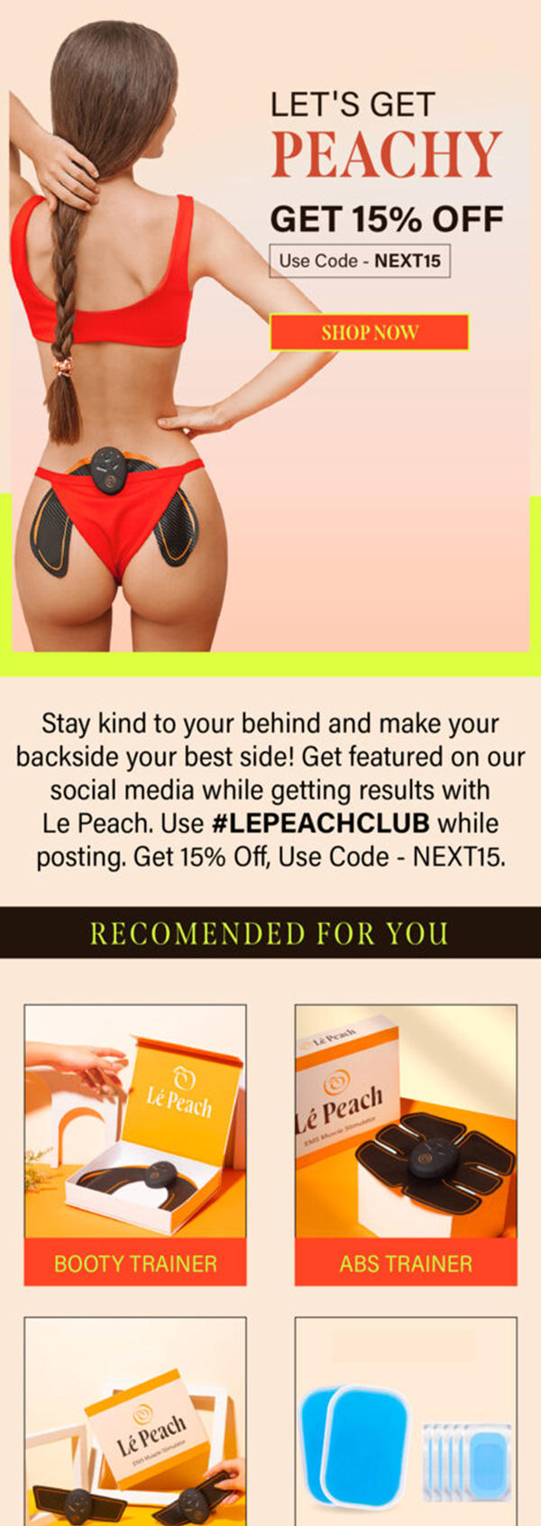 LePeach cross-sell email with 15% off and product picks