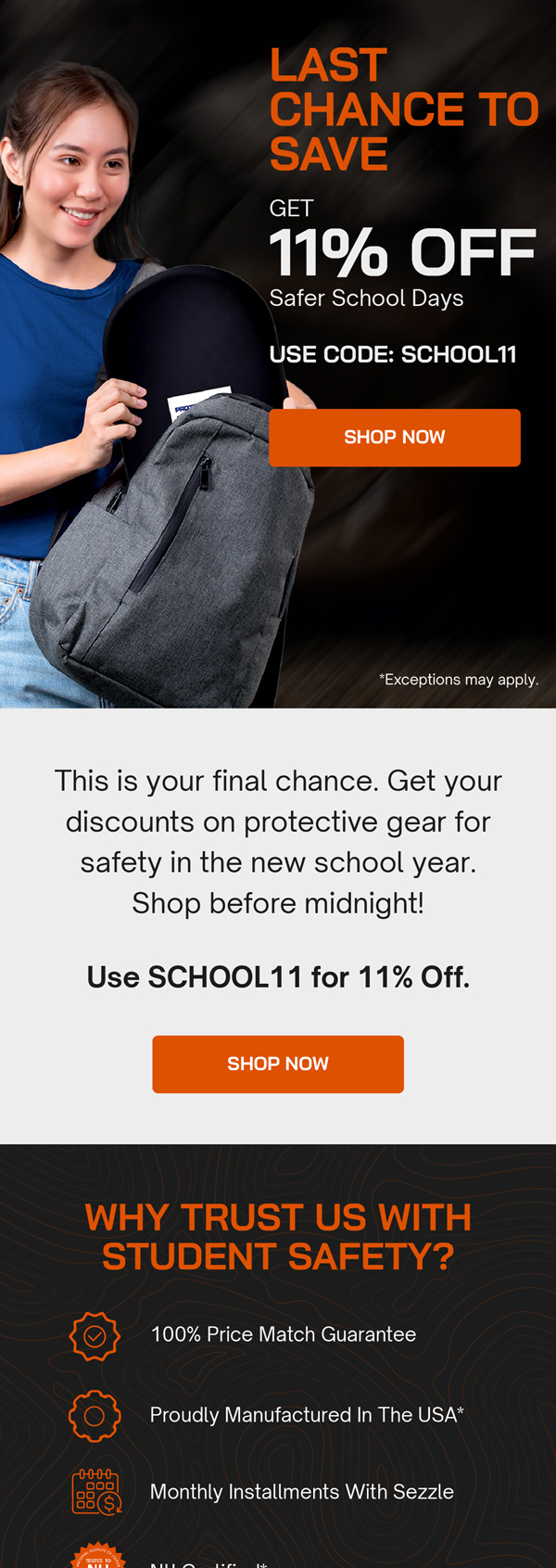 Bulletproof Zone back to school sale email with 11% off