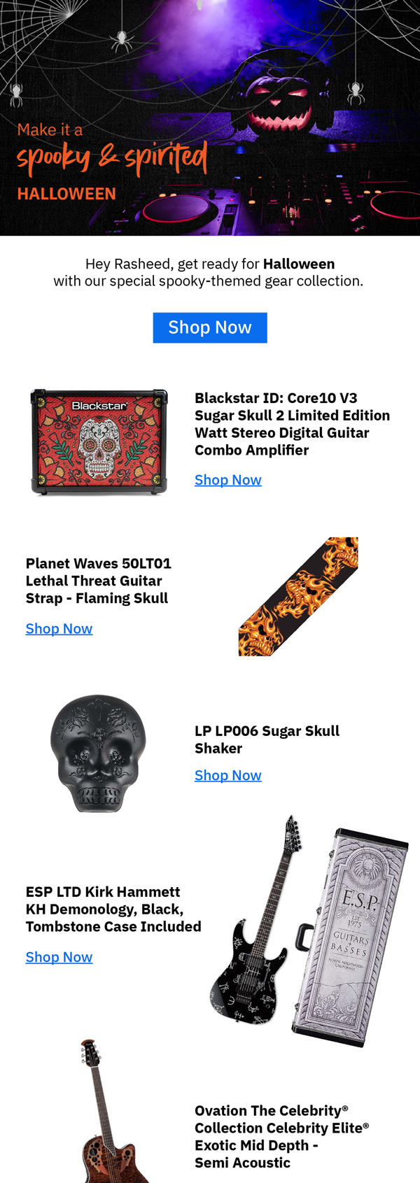 MusicMajlis Halloween email with spooky guitar gear