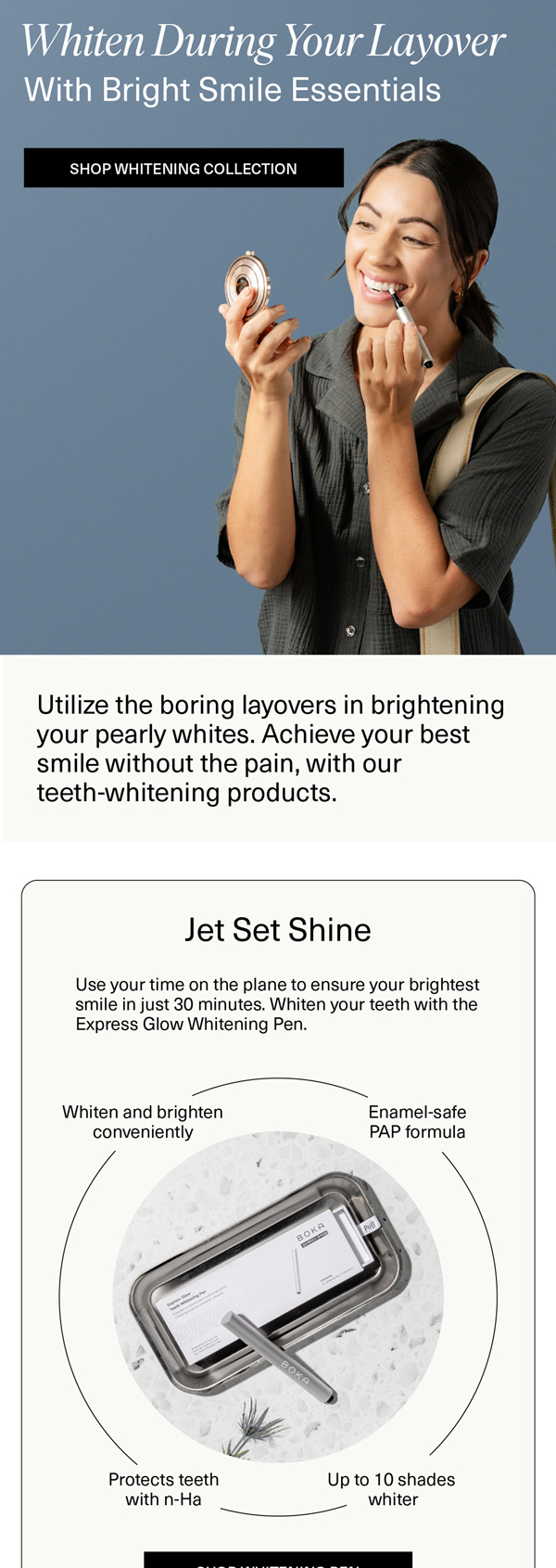 Boka whitening campaign email for travel
