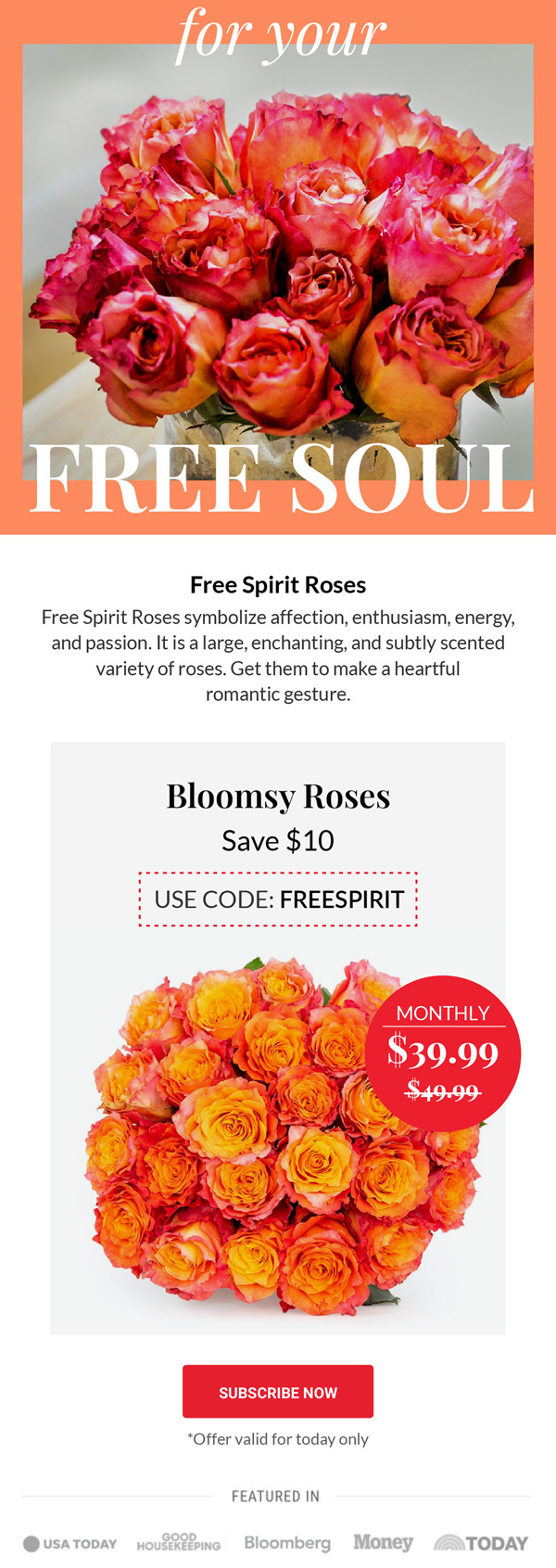 BloomsyBox Free Spirit roses email with $10 off