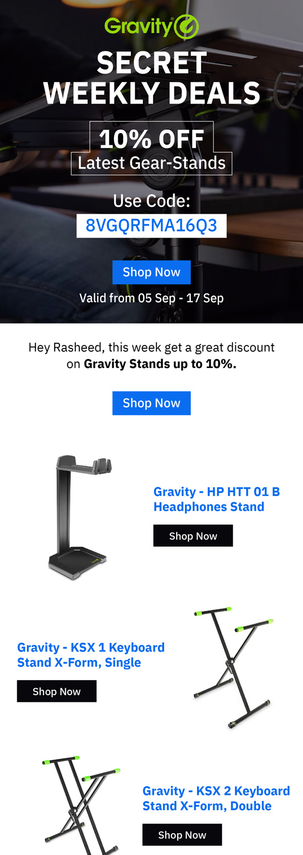 MusicMajlis secret weekly deals email with 10% off Gravity stands