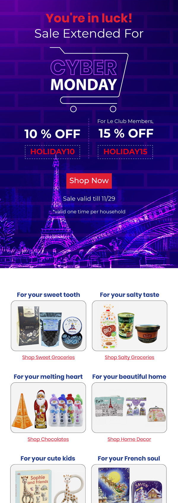 Le Panier Francais Cyber Monday email with up to 15% off