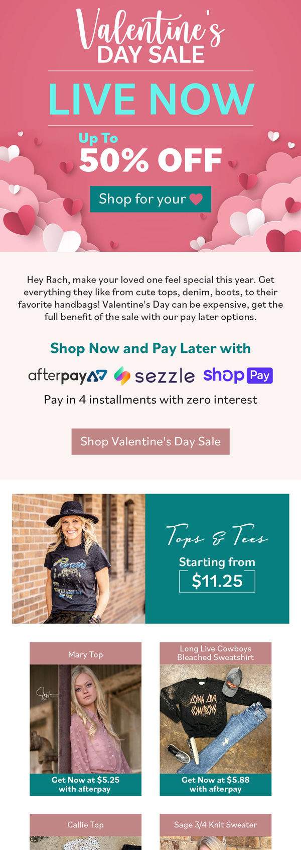 Grace and Grit Valentine's Day sale email with up to 50% off