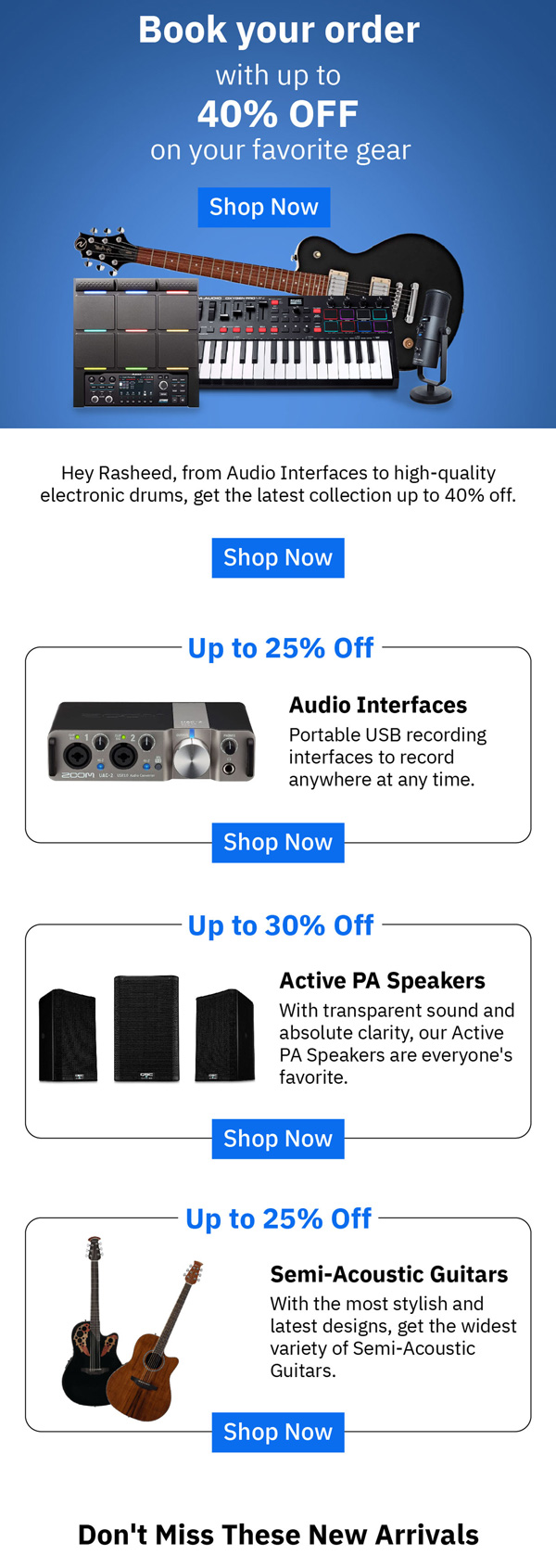MusicMajlis campaign email with up to 40% off gear