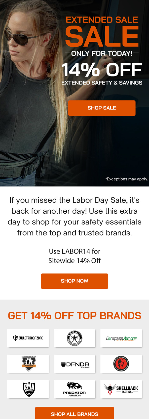 Bulletproof Zone extended Labor Day sale email with 14% off