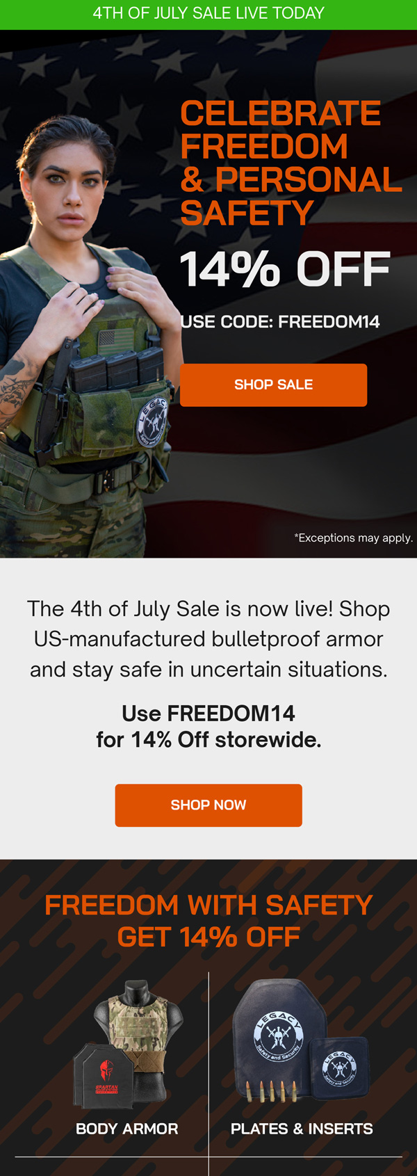 Bulletproof Zone 4th of July sale email with 14% off