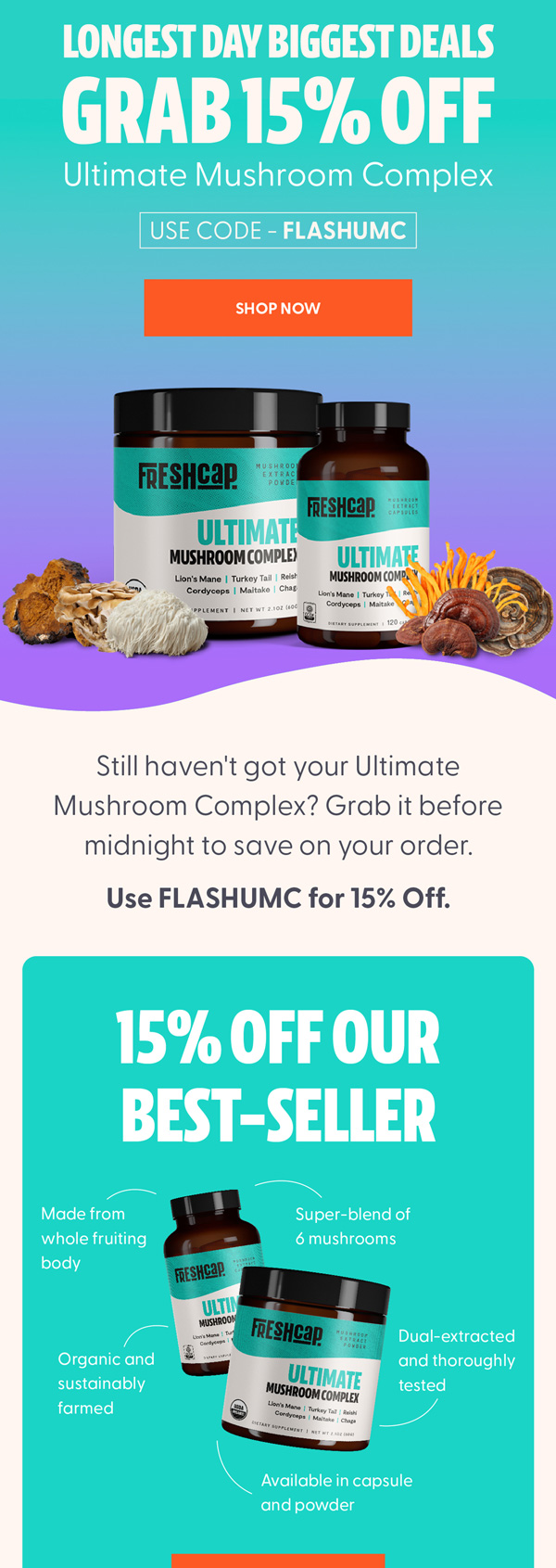 FreshCap longest day sale email with 15% off