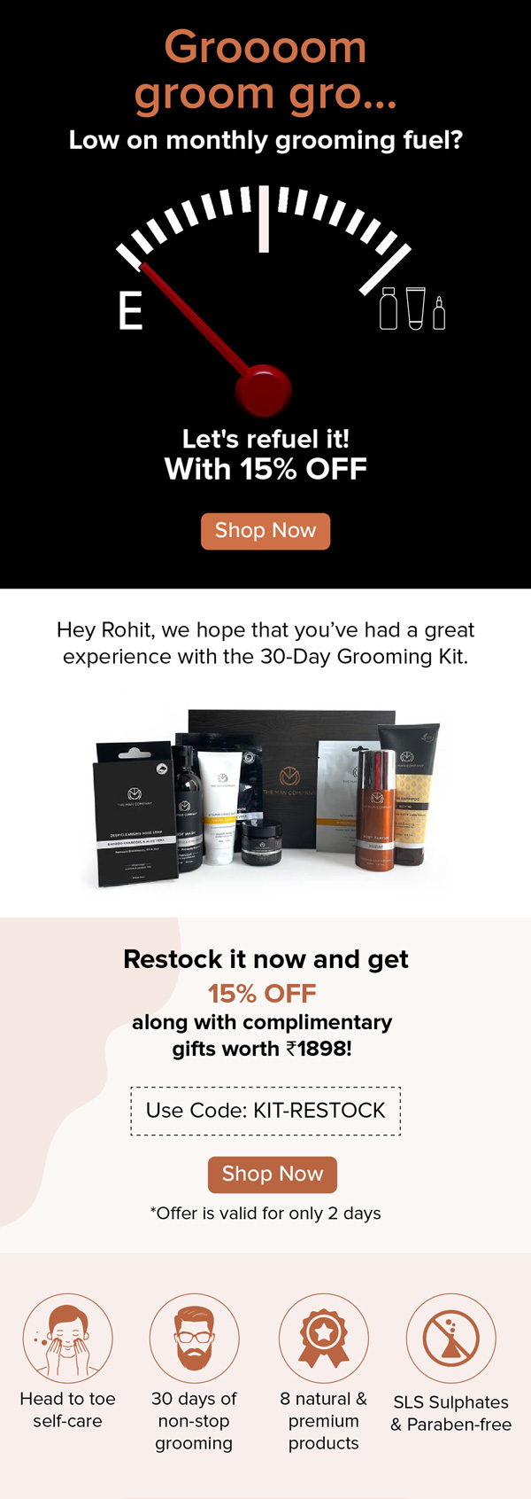 The Man Company 30-day restock email with 15% off