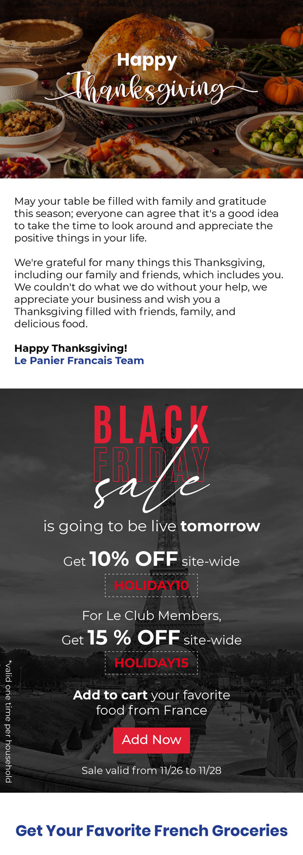 Le Panier Francais Thanksgiving and Black Friday preview email