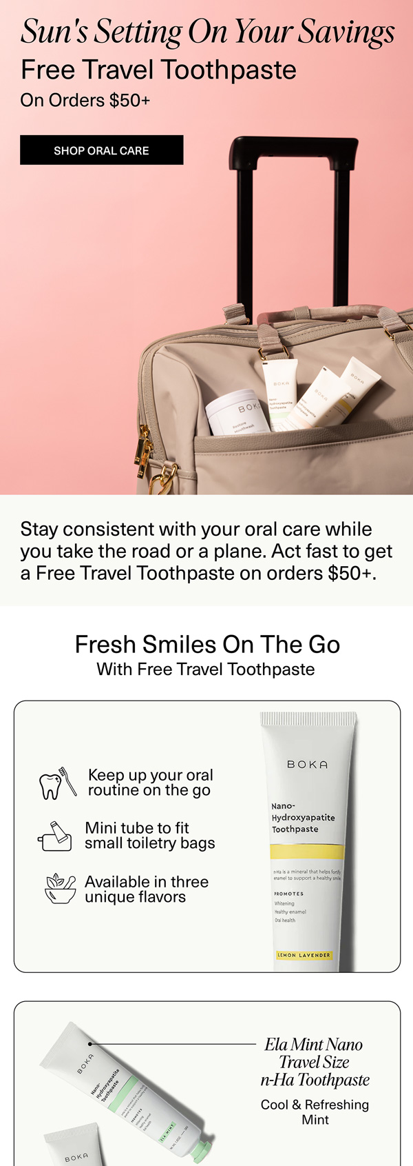 Boka free travel toothpaste email on orders over $50