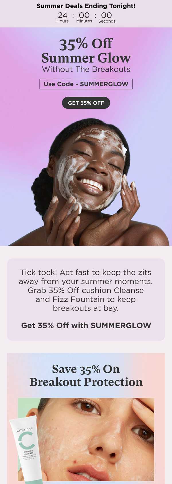 ZitSticka summer glow email with 35% off