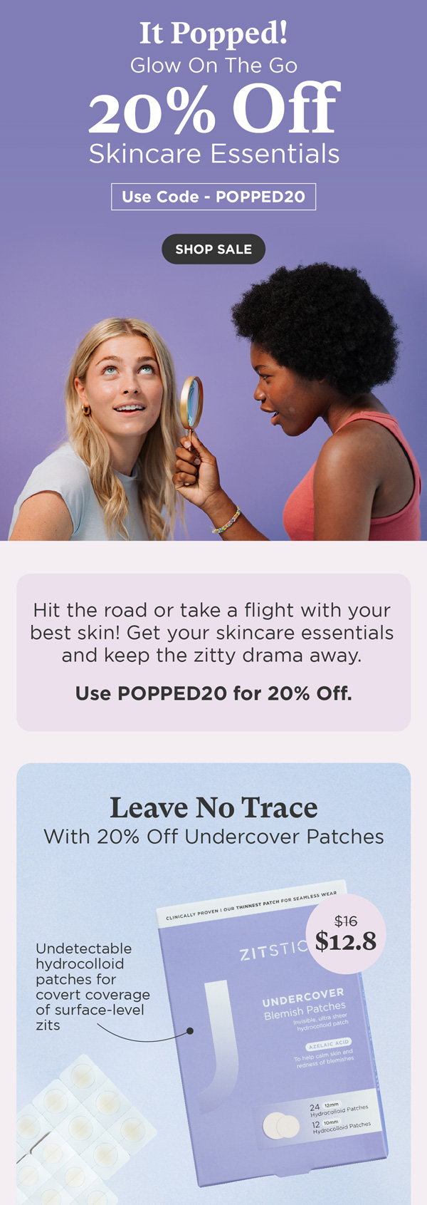 ZitSticka travel email with 20% off skincare essentials