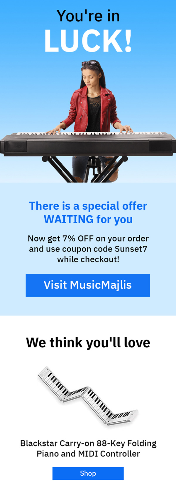 MusicMajlis sunset email offering 7% off with coupon code