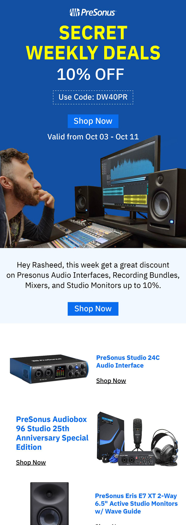 MusicMajlis secret weekly deals email with 10% off PreSonus gear
