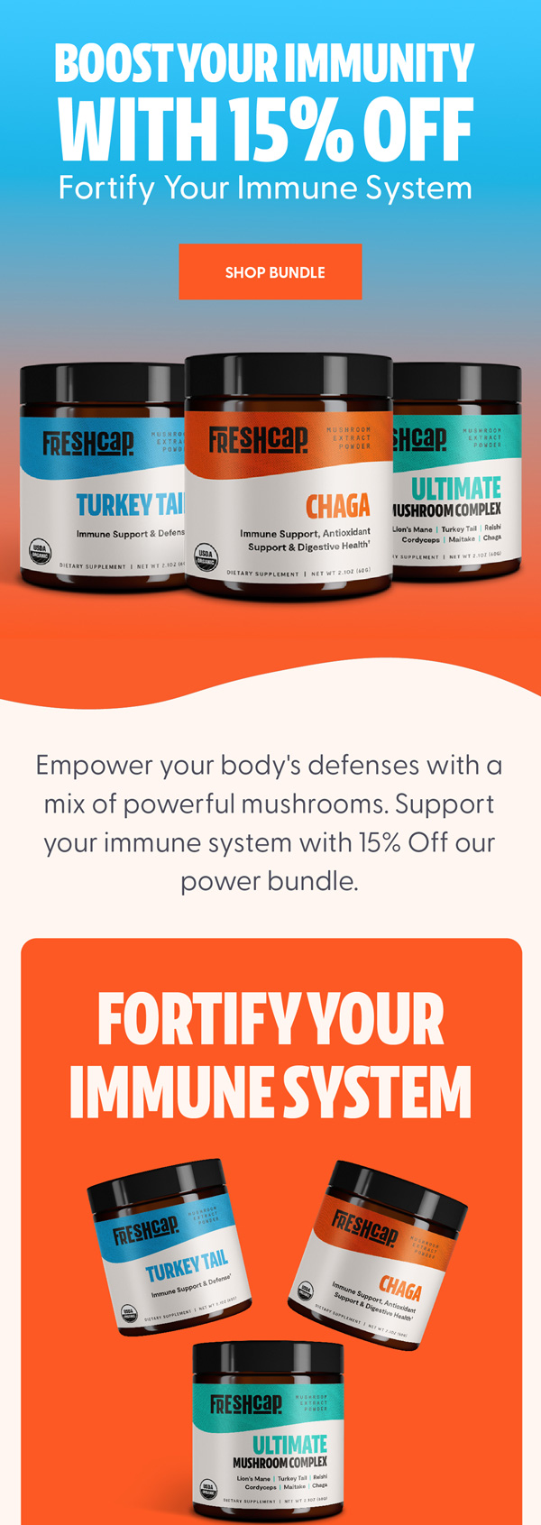 FreshCap immunity campaign email with 15% off