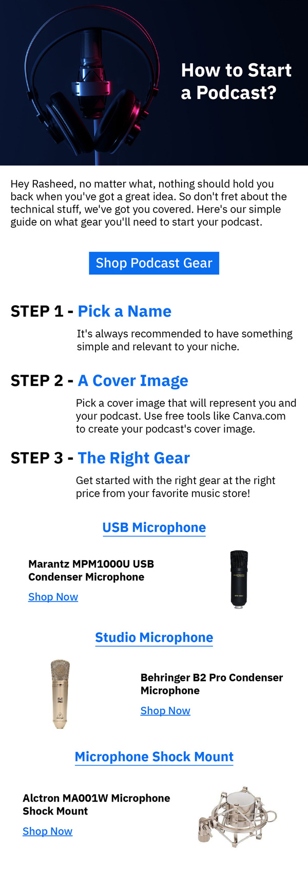 MusicMajlis email on how to start a podcast with mic picks