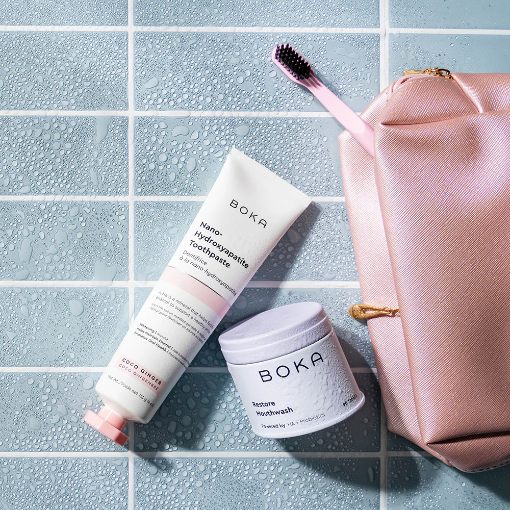 Boka toothpaste and mouthwash tablets with a travel bag