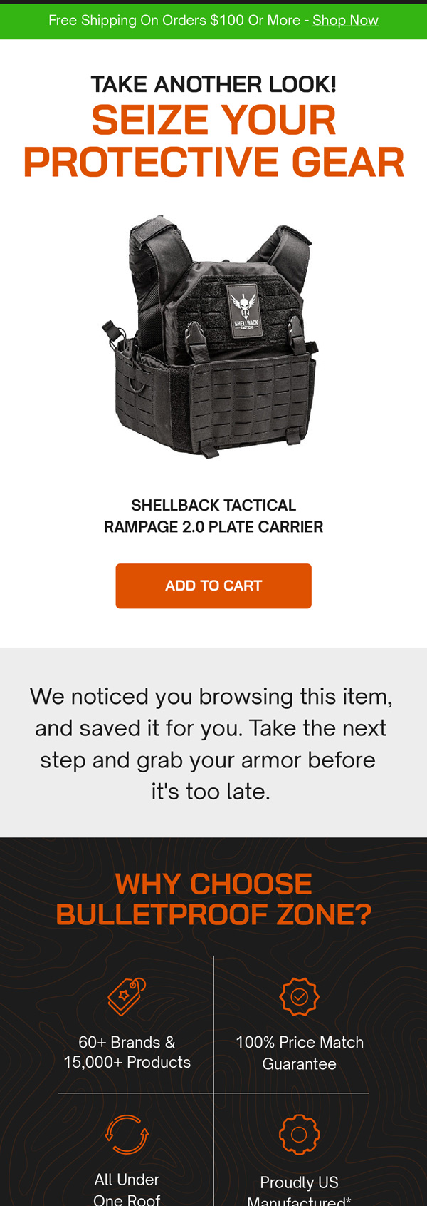 Bulletproof Zone browse abandonment email for a plate carrier