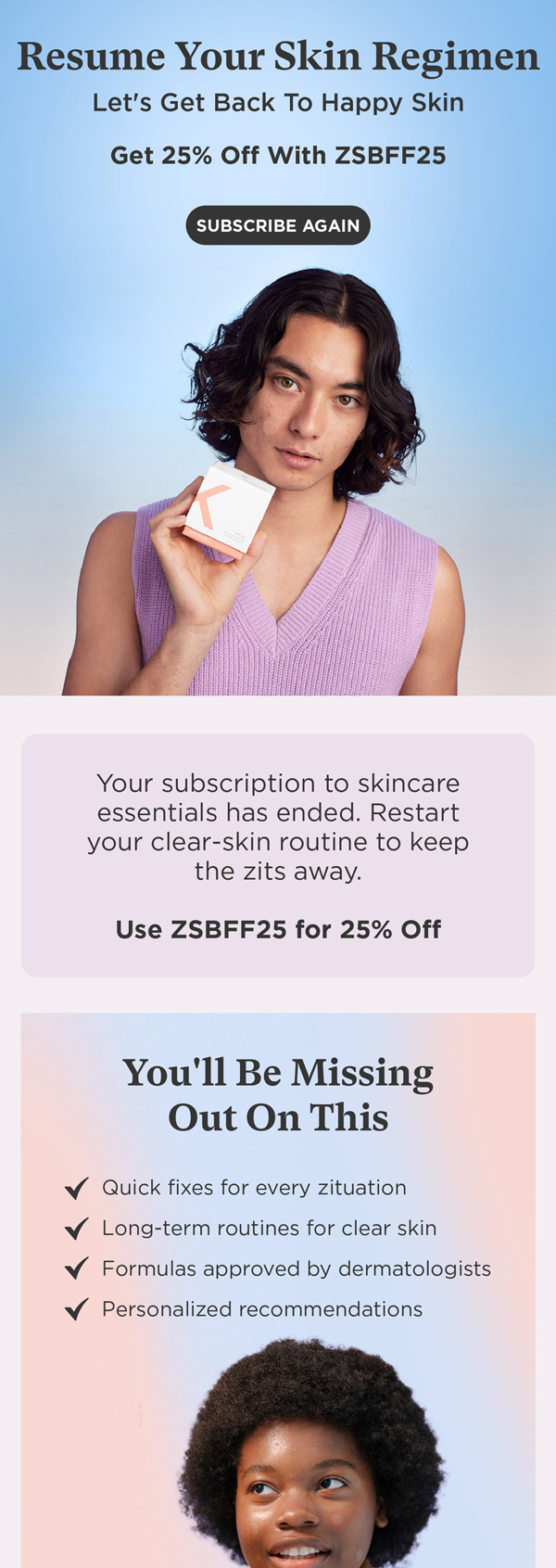 ZitSticka canceled subscription email with 25% off