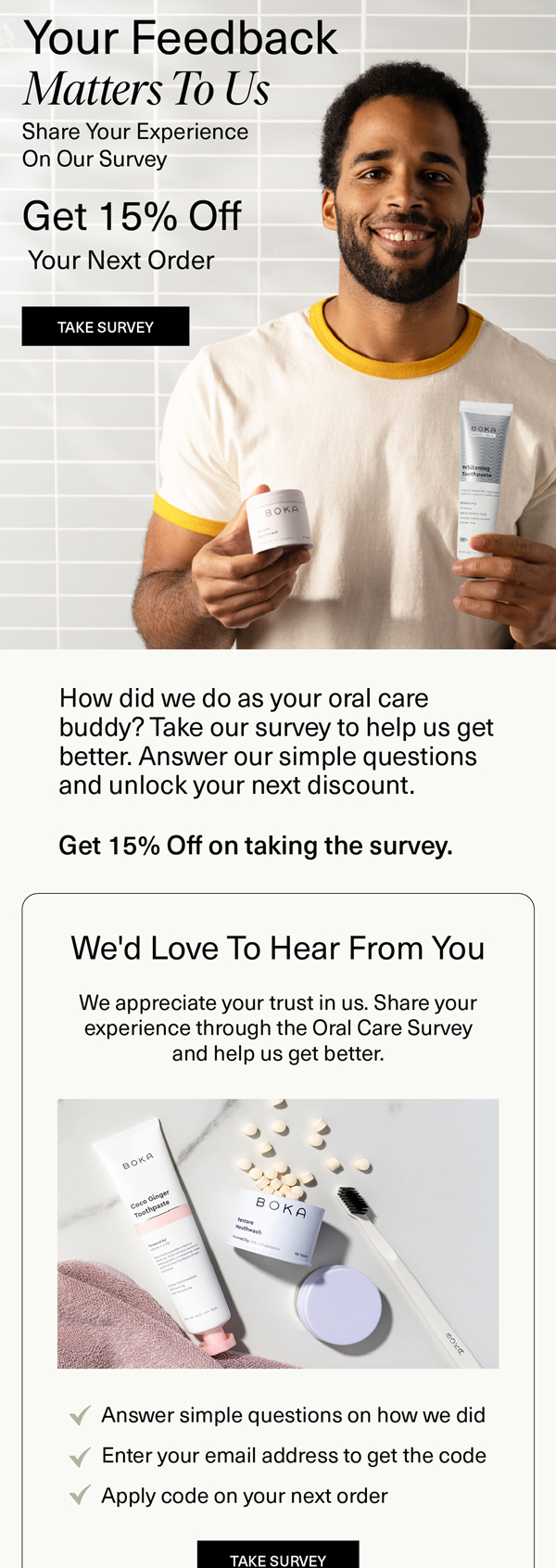Boka canceled subscription email with a survey and 15% off