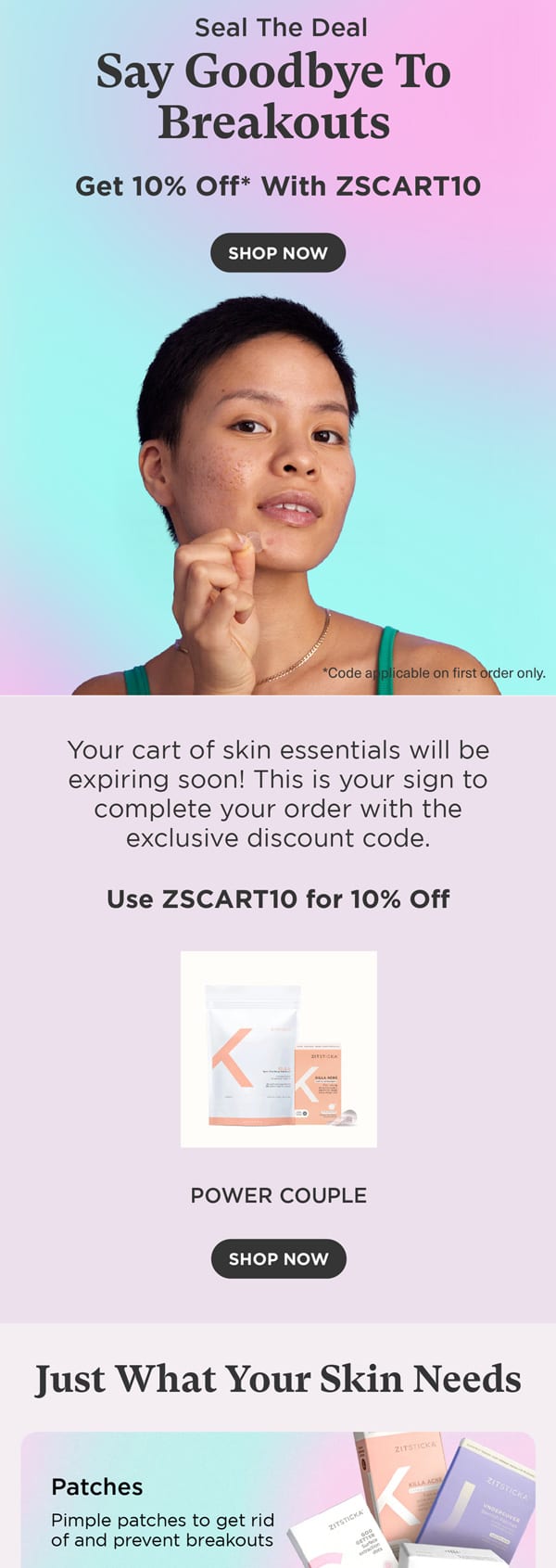 ZitSticka cart abandonment email with 10% off