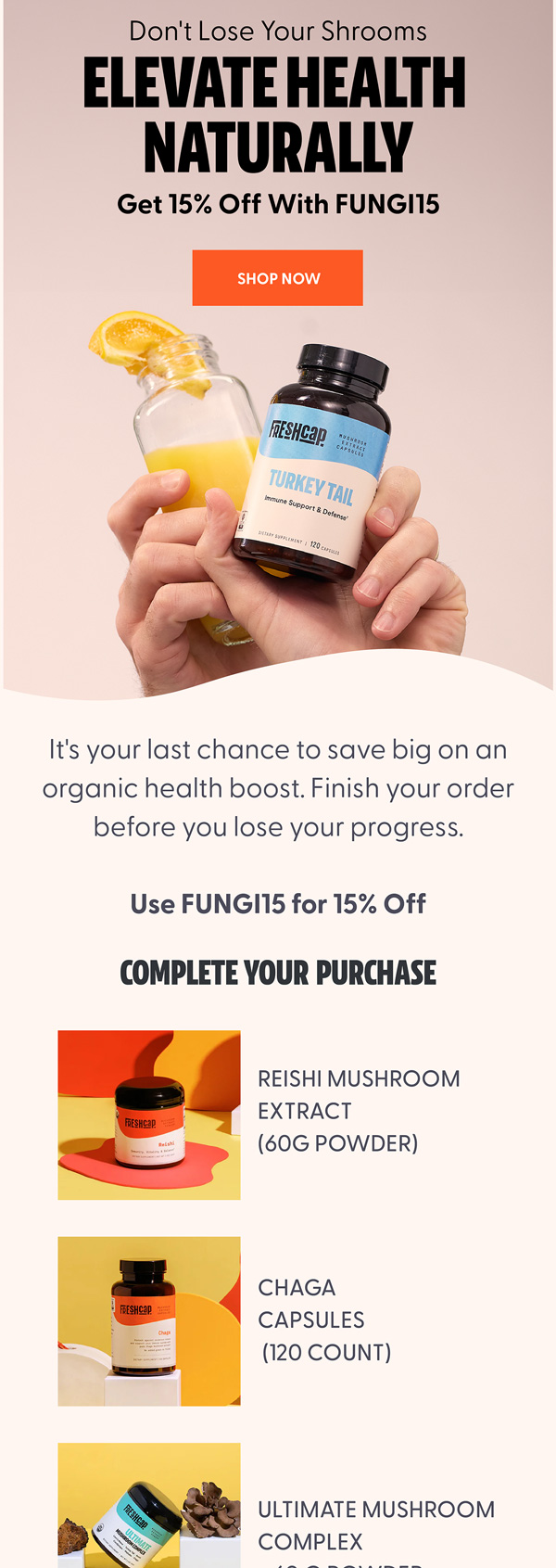 FreshCap checkout reminder email with 15% off