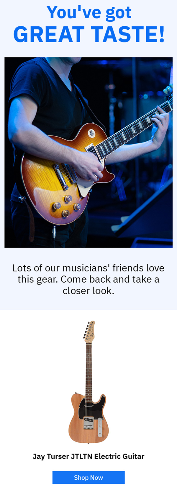 MusicMajlis cross-sell email with electric guitar pick