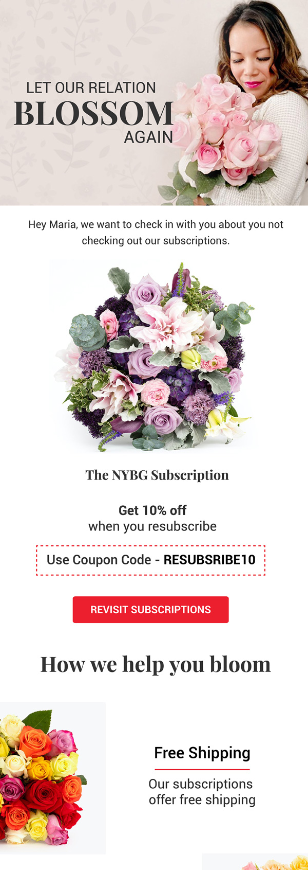 BloomsyBox winback email with 10% off to resubscribe
