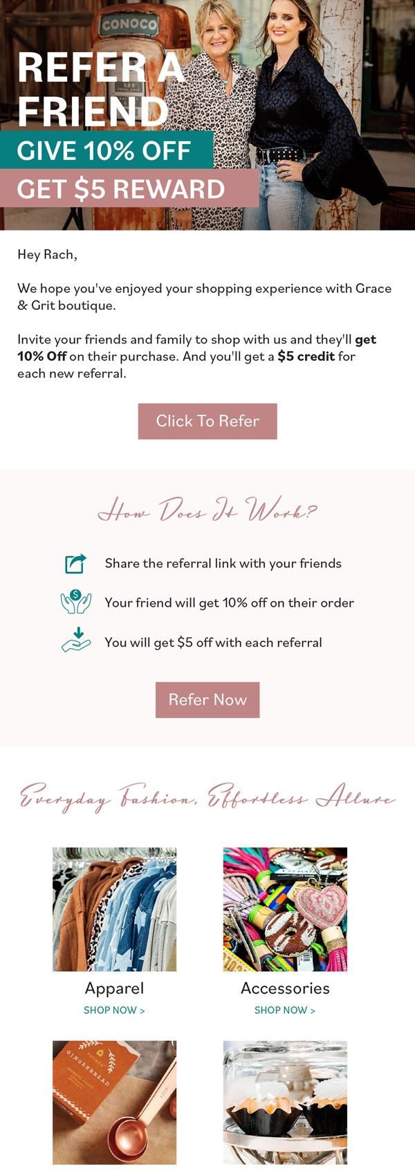 Grace and Grit refer a friend email with 10% off
