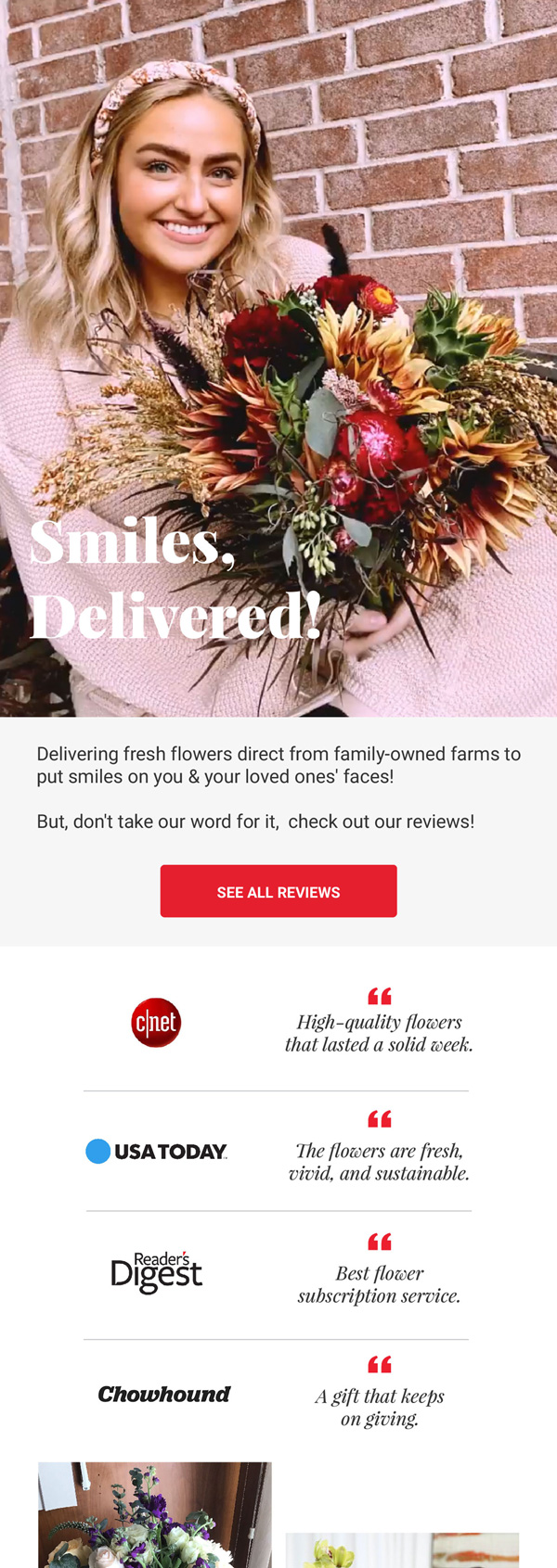 BloomsyBox social proof email with press quotes