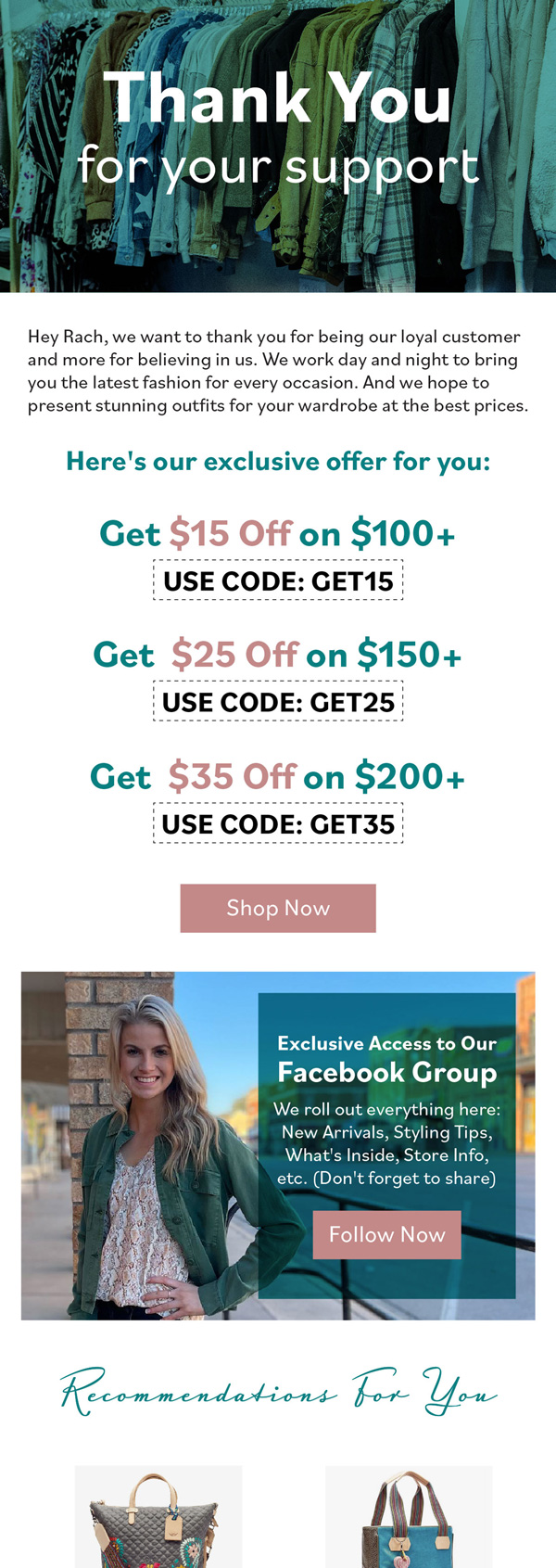 Grace and Grit thank you email with tiered discounts