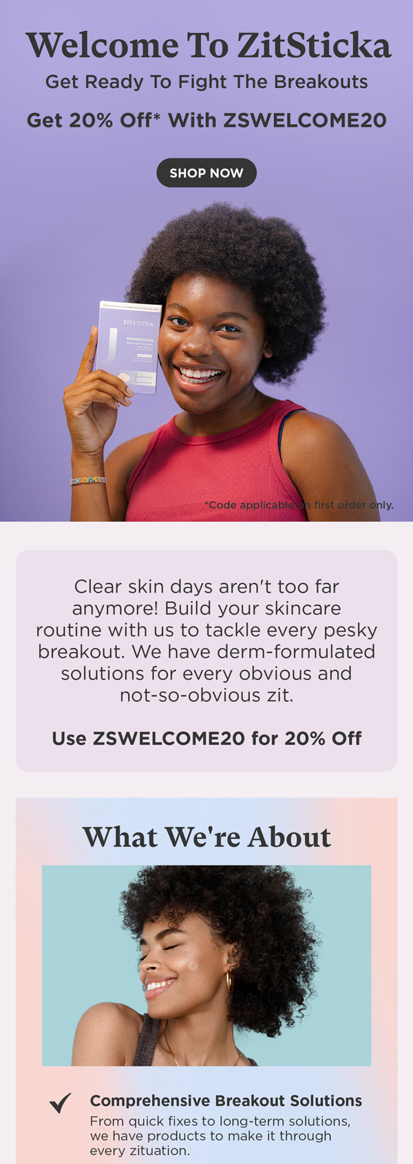 ZitSticka welcome email with 20% off