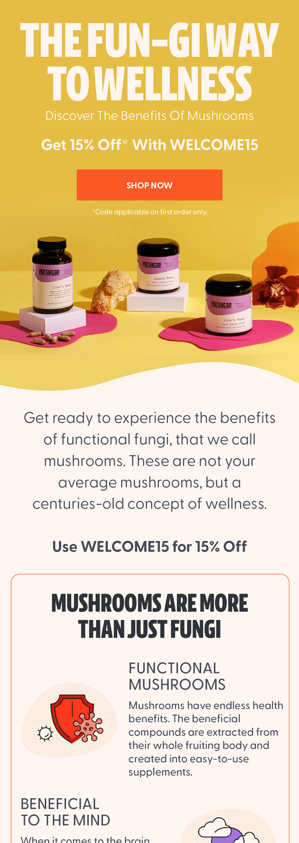 FreshCap welcome email with 15% off