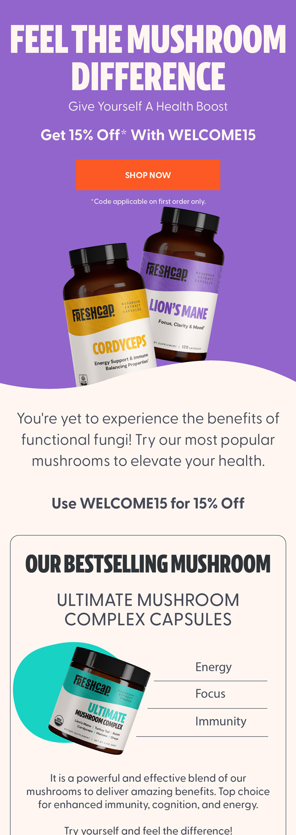 FreshCap welcome email on the bestselling mushroom complex