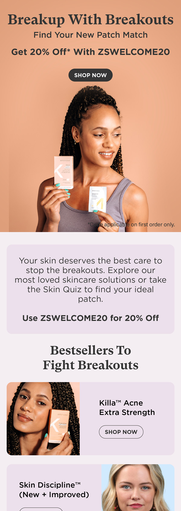 ZitSticka welcome email with bestsellers to fight breakouts