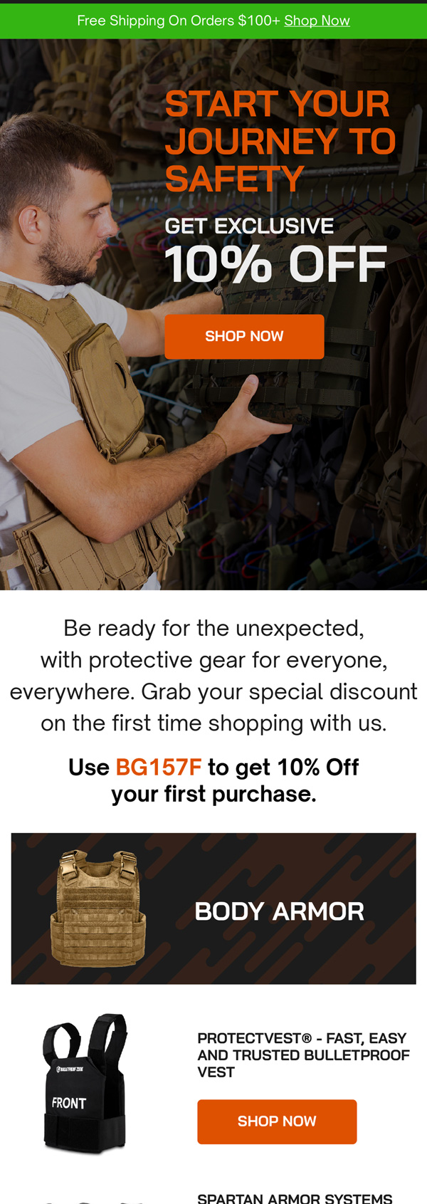 Bulletproof Zone welcome email with 10% off the first purchase