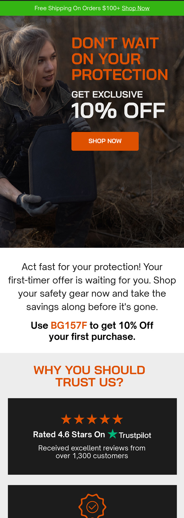 Bulletproof Zone welcome reminder email with 10% off and Trustpilot rating