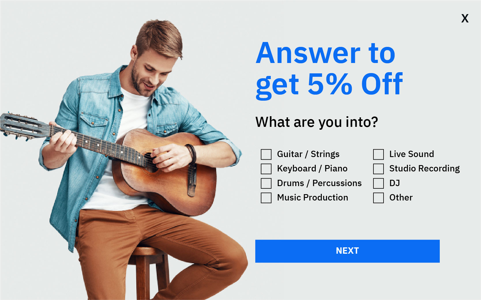 MusicMajlis survey popup offering 5% off for sharing interests