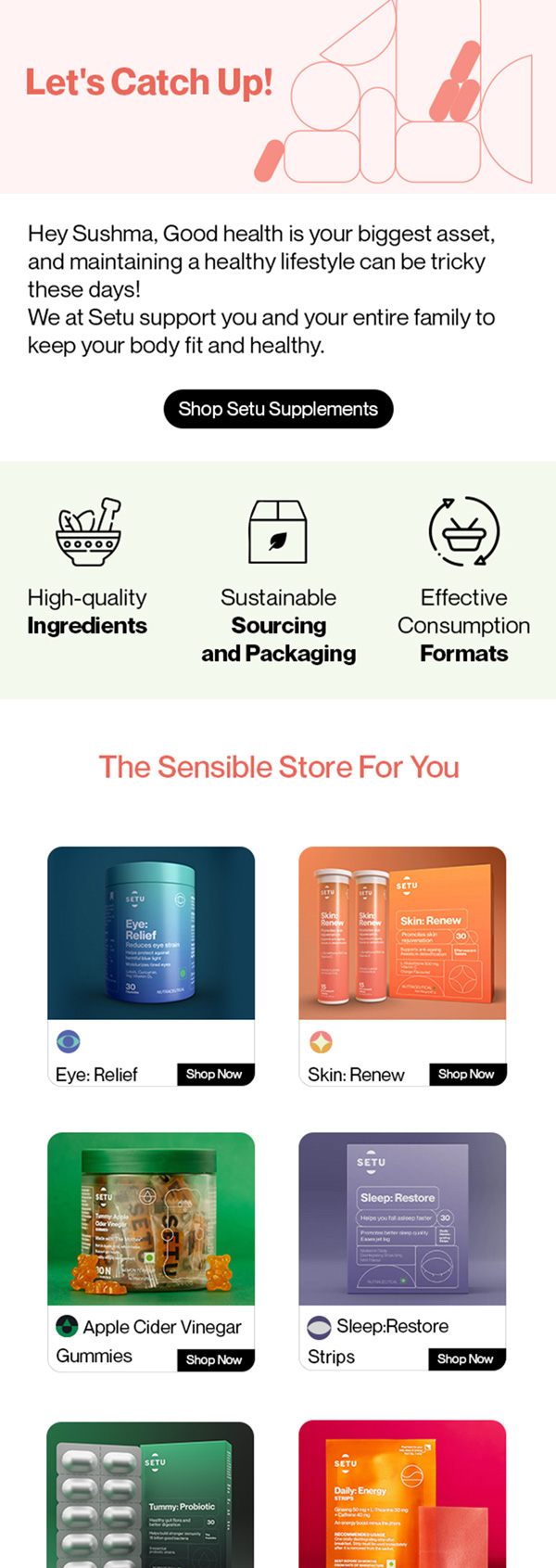Setu welcome email showing the product range
