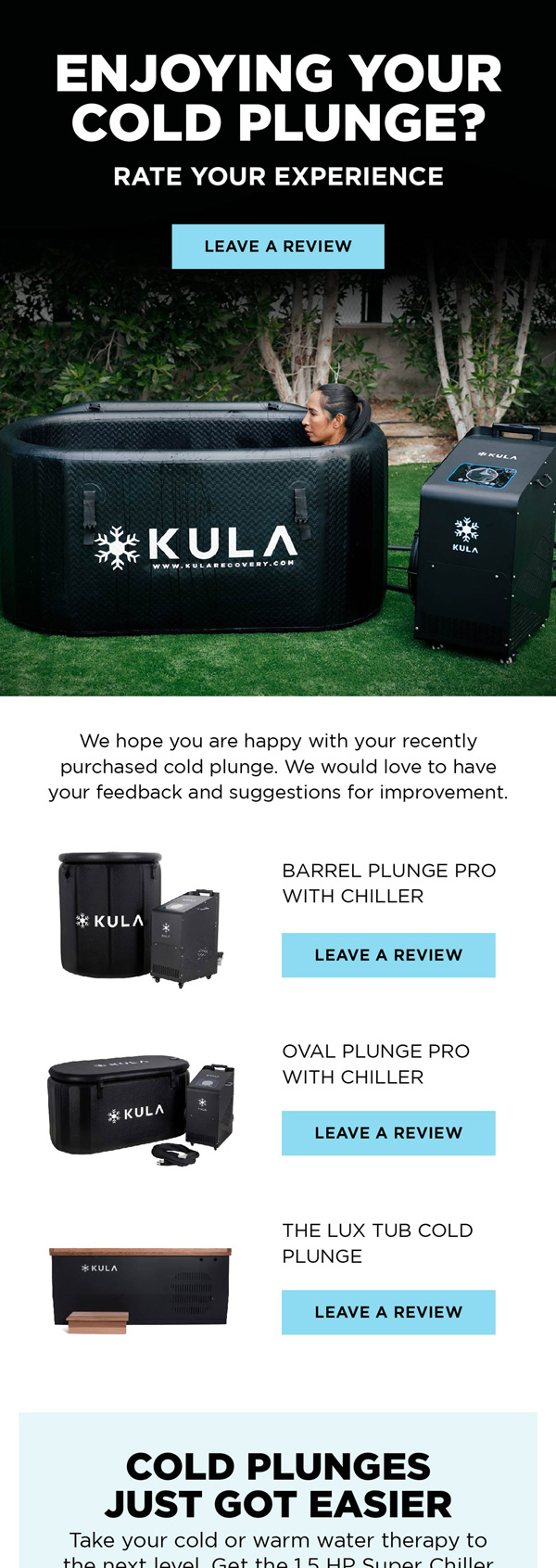 KULA review request email for cold plunge buyers