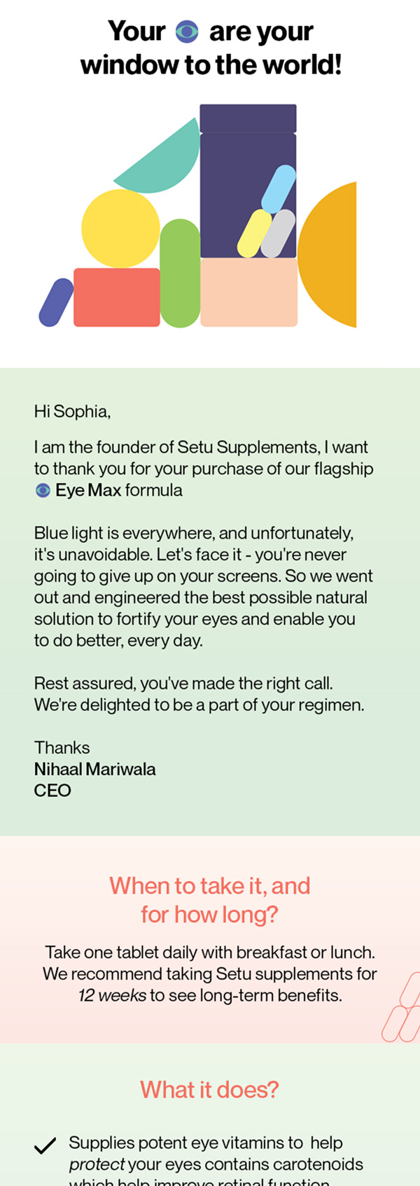 Setu founder thank you email for Eye Max buyers