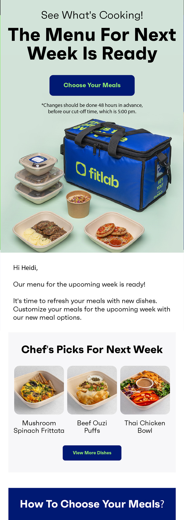 Fitlab weekly menu email with chef picks