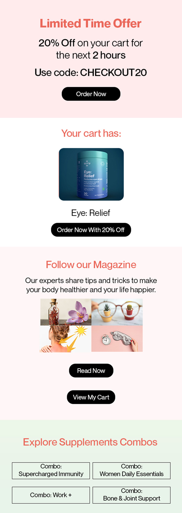 Setu cart reminder email with 20% off for 2 hours