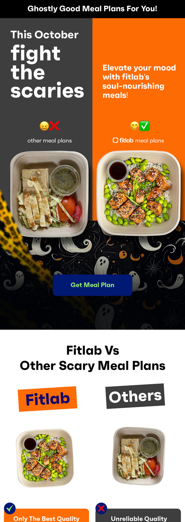 Fitlab Halloween campaign email comparing meal plans