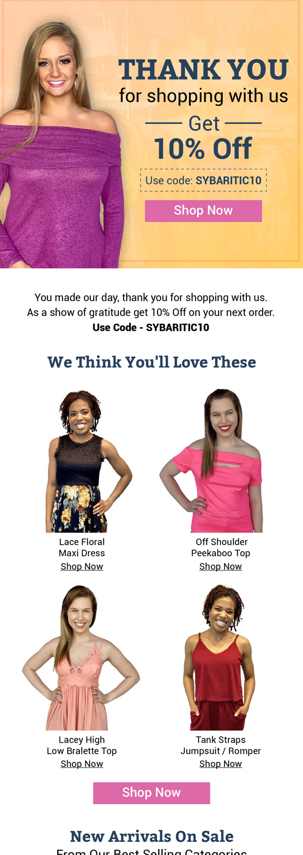 Sybaritic Boutique thank you email with 10% off the next order